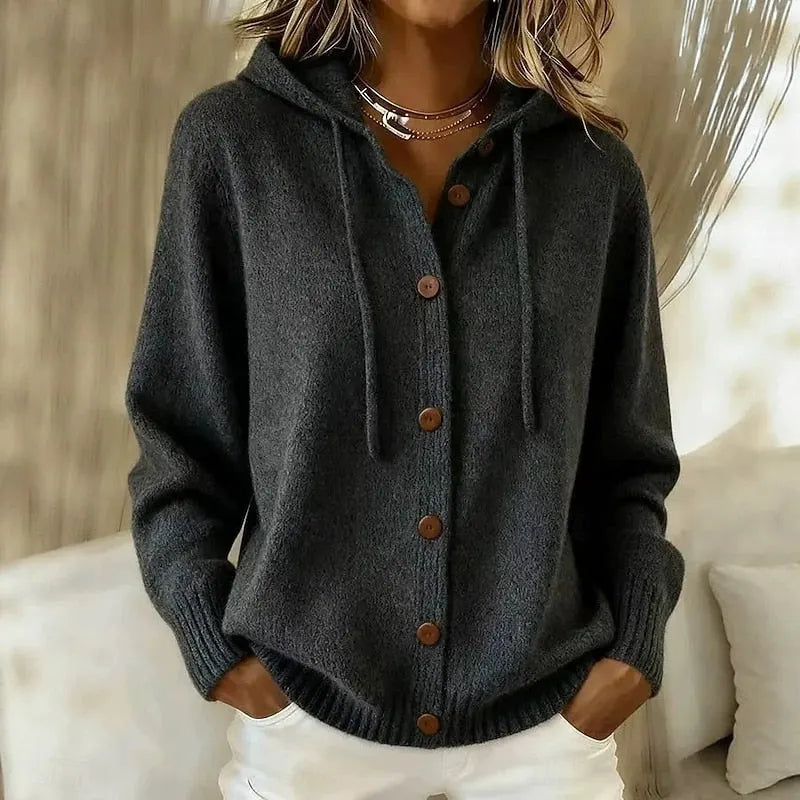 Cardigan donna con cappuccio in maglia morbida e bottoni