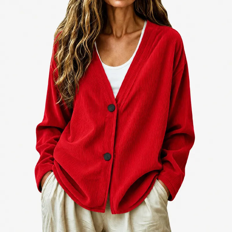 Cardigan donna a coste con scollo a V e bottoni