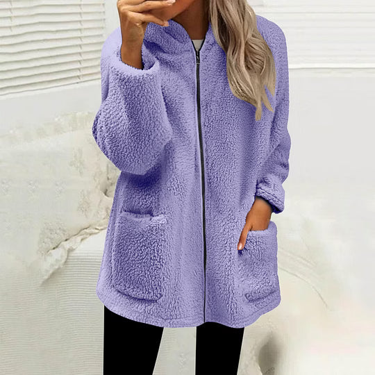 Giacca teddy da donna con zip e tasche applicate