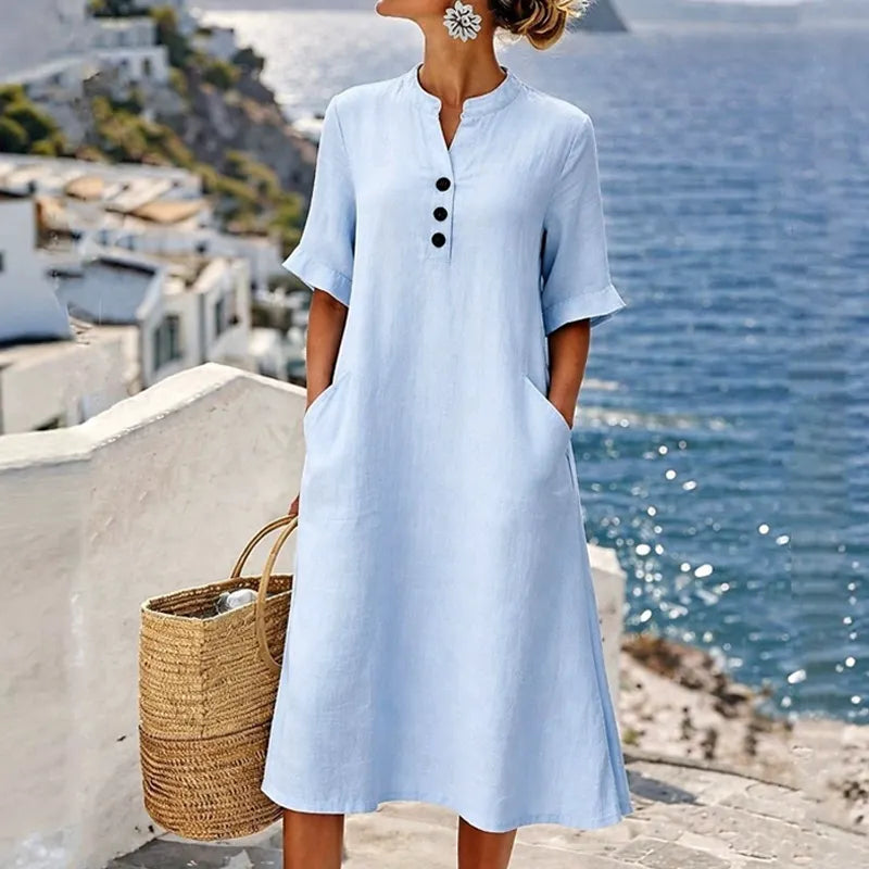 Abito donna midi in cotone lino con bottoni e tasche