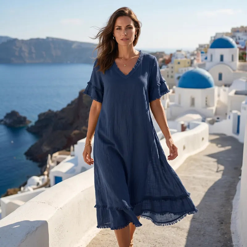 Abito donna bohémien con scollo a V e frange