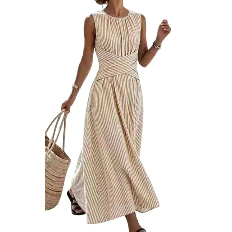 Abito maxi donna a righe con vita incrociata