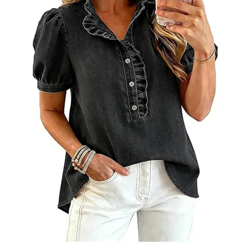Top donna in denim con volant e maniche a sbuffo