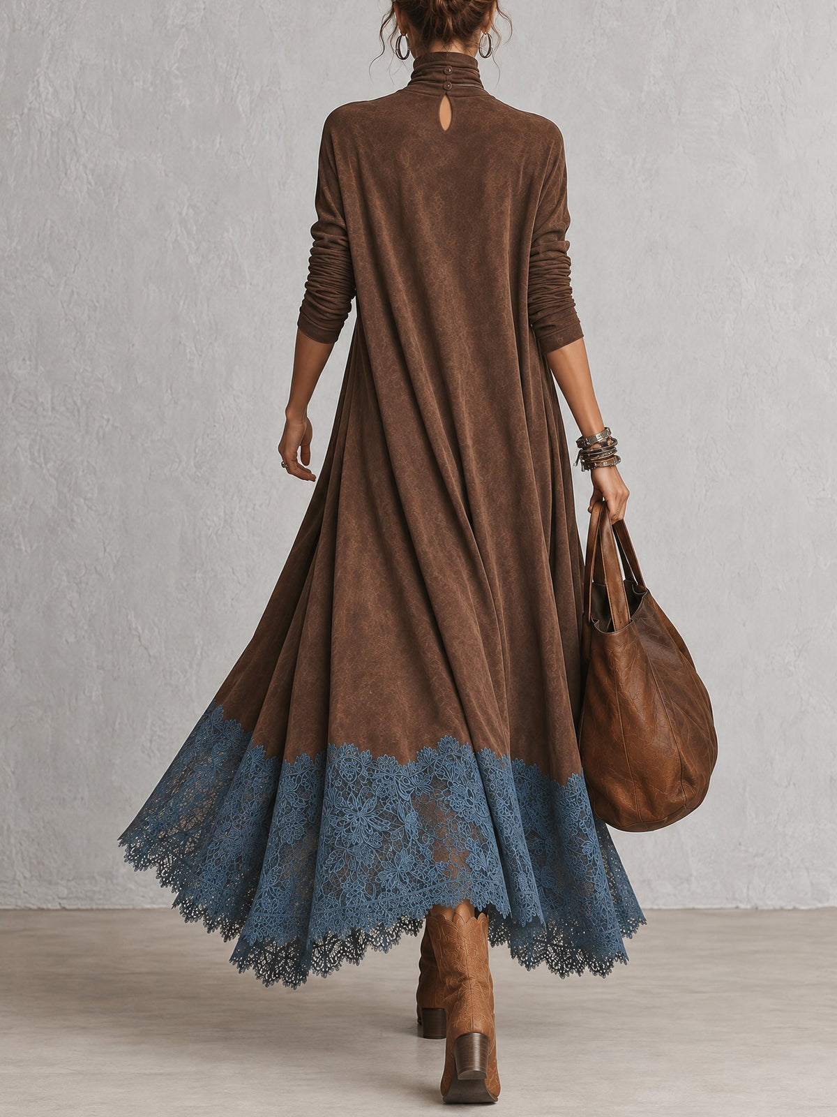 Abito maxi donna effetto suede con collo alto e bordo in pizzo