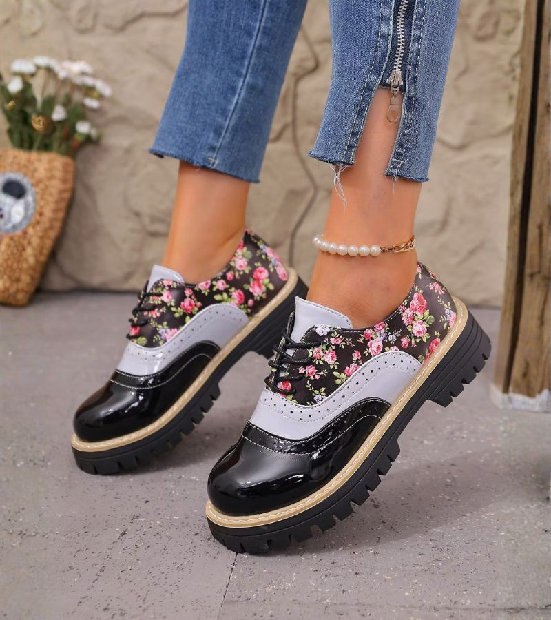 Scarpe Oxford donna floreali con suola platform e lacci