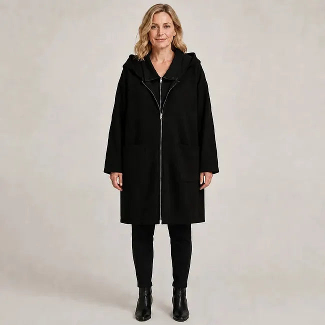 Giacca lunga donna con cappuccio, zip e tasche frontali