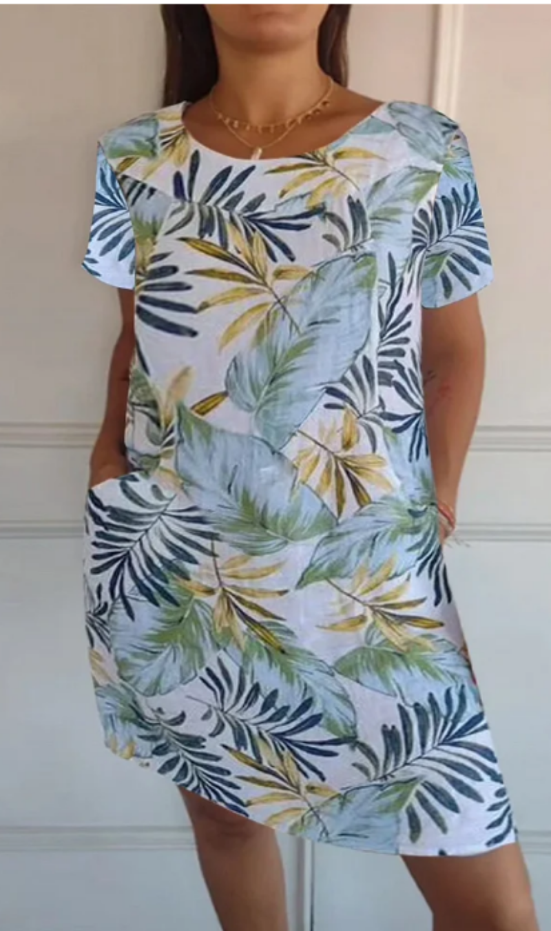 Abito donna fluido con stampa botanica e tasche
