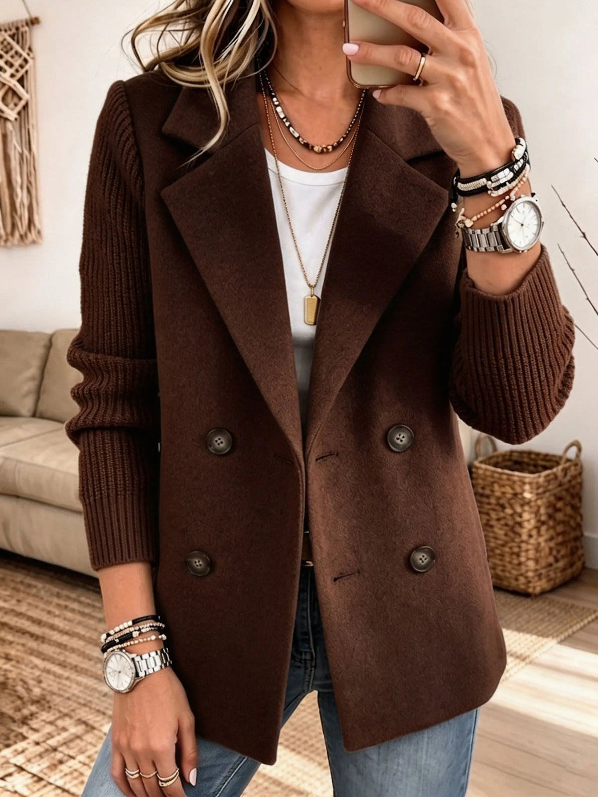 Giacca donna elegante con maniche in maglia a coste e bottoni