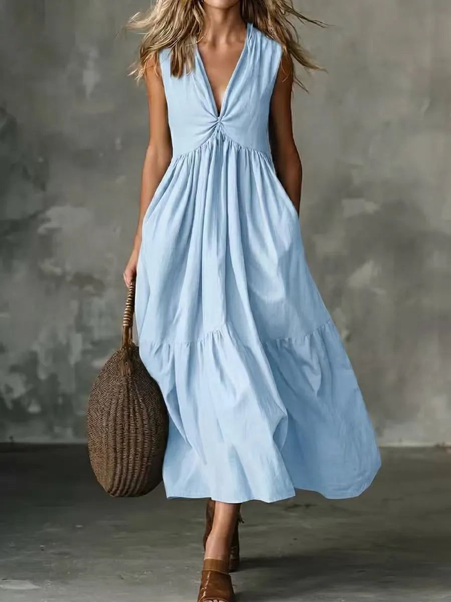 Abito midi donna senza maniche con scollo a V e tasche