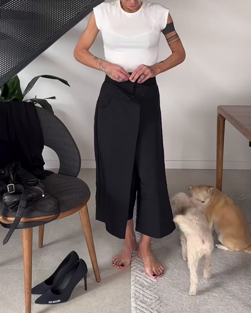 Pantaloni donna larghi asimmetrici con vita media