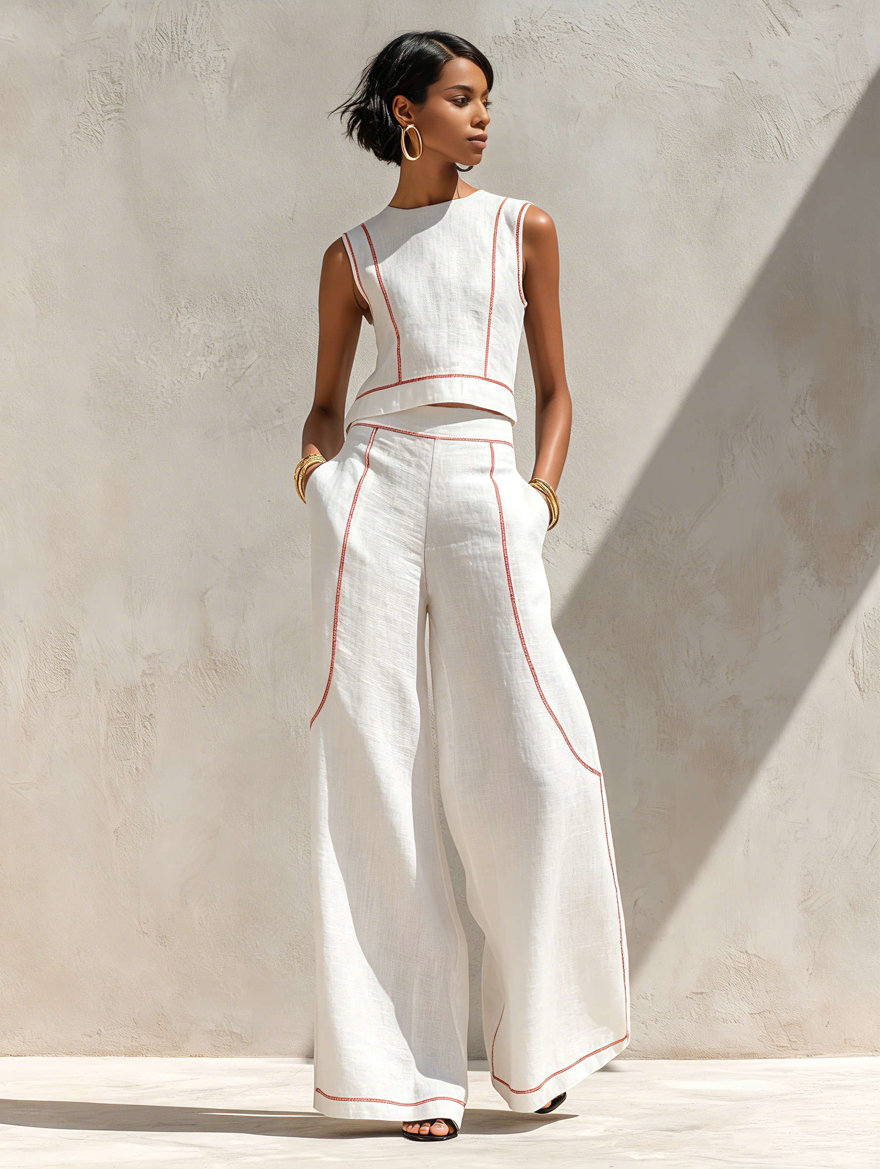 Completo donna minimal con cuciture a contrasto