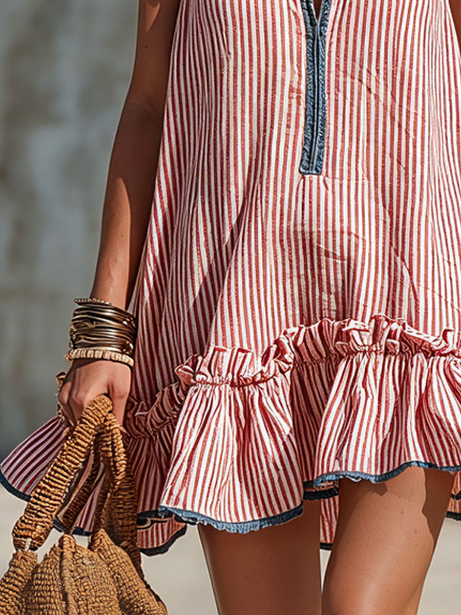 Abito mini donna a righe con volant e scollo halter