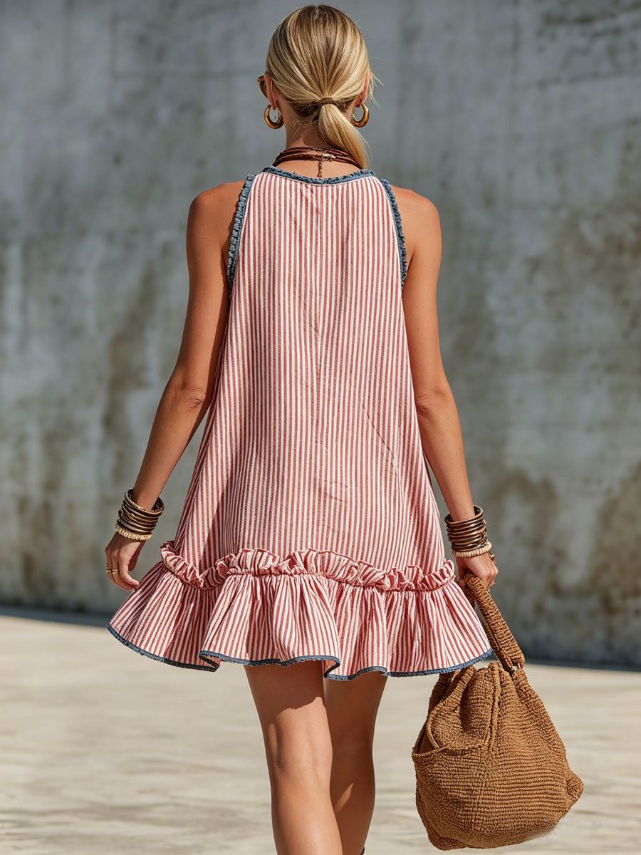 Abito mini donna a righe con volant e scollo halter