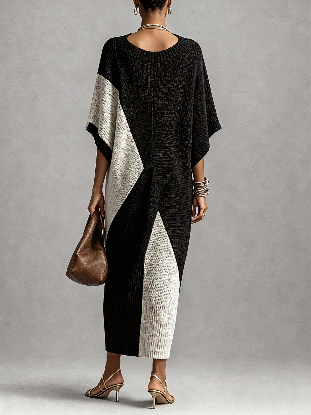 Abito midi donna bicolore con scollo a V