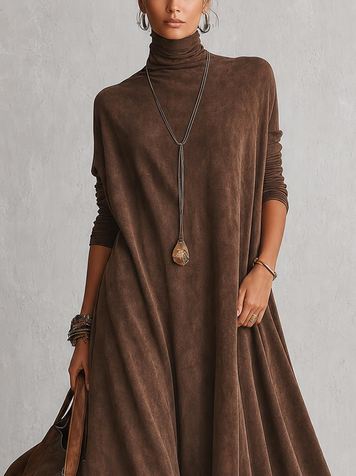 Abito maxi donna effetto suede con collo alto e bordo in pizzo