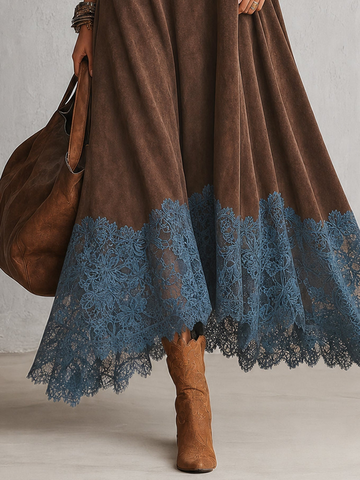 Abito maxi donna effetto suede con collo alto e bordo in pizzo
