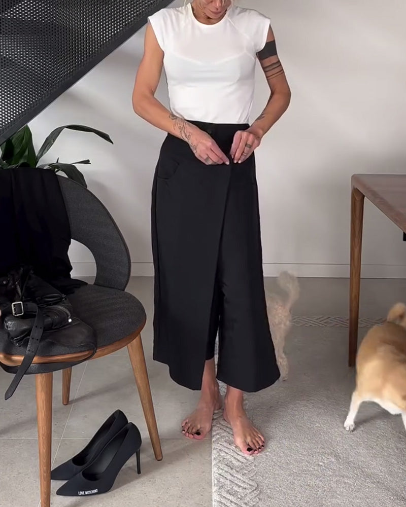 Pantaloni donna larghi asimmetrici con vita media