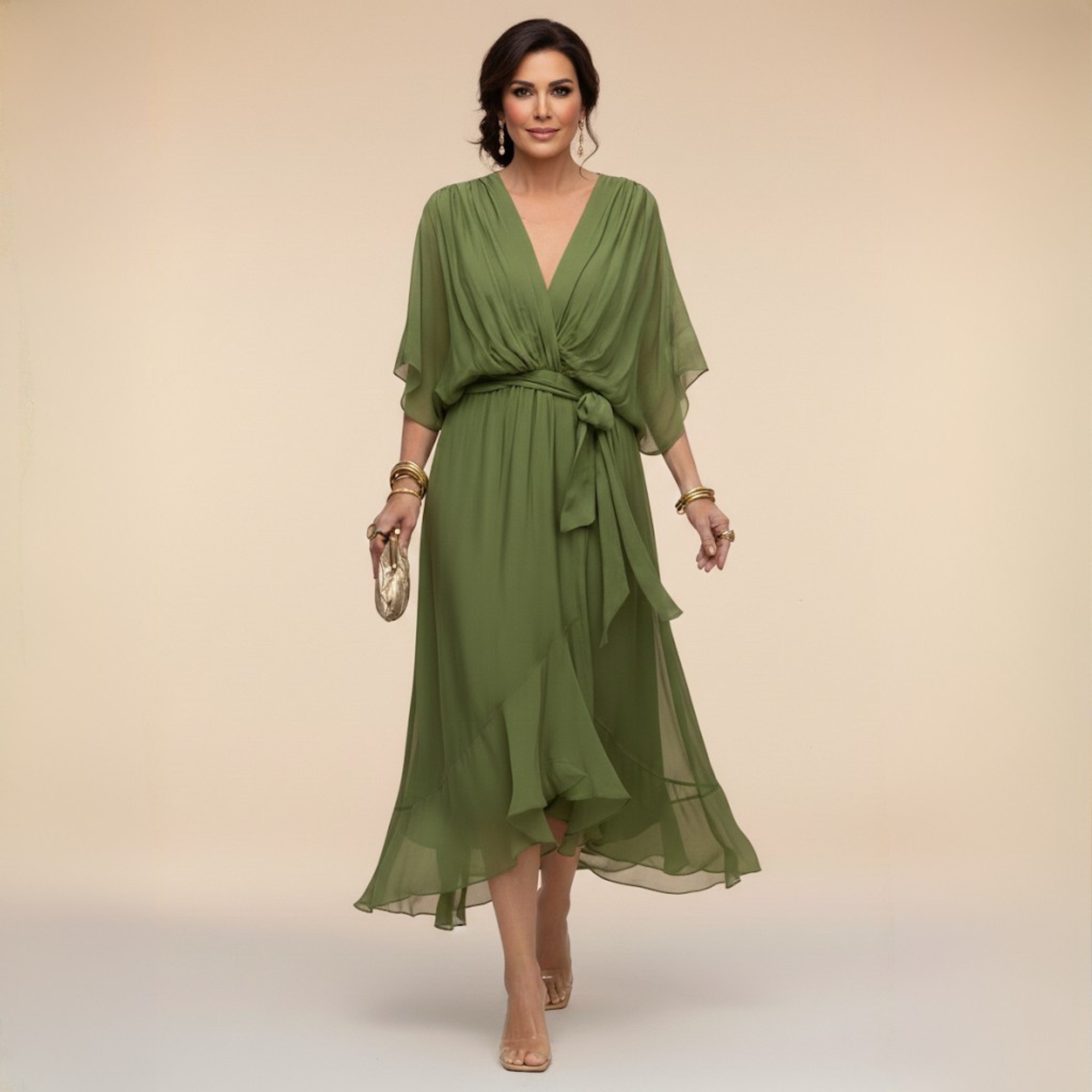 Abito midi da donna elegante in chiffon con scollo a V