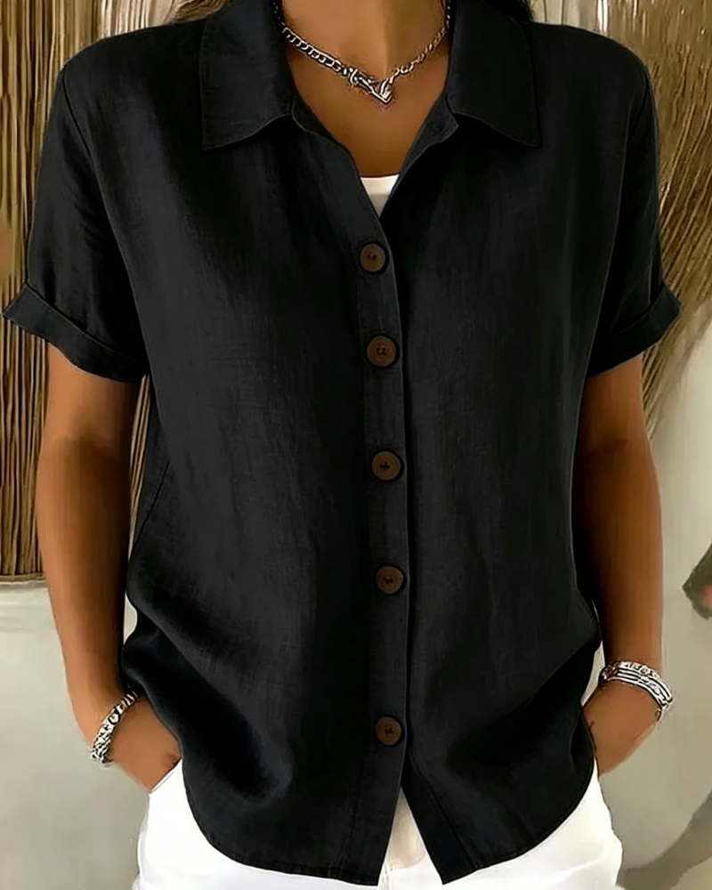 Blusa donna verde con bottoni e maniche corte