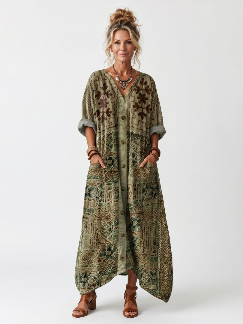 Abito midi donna bohemien con bottoni e stampa floreale