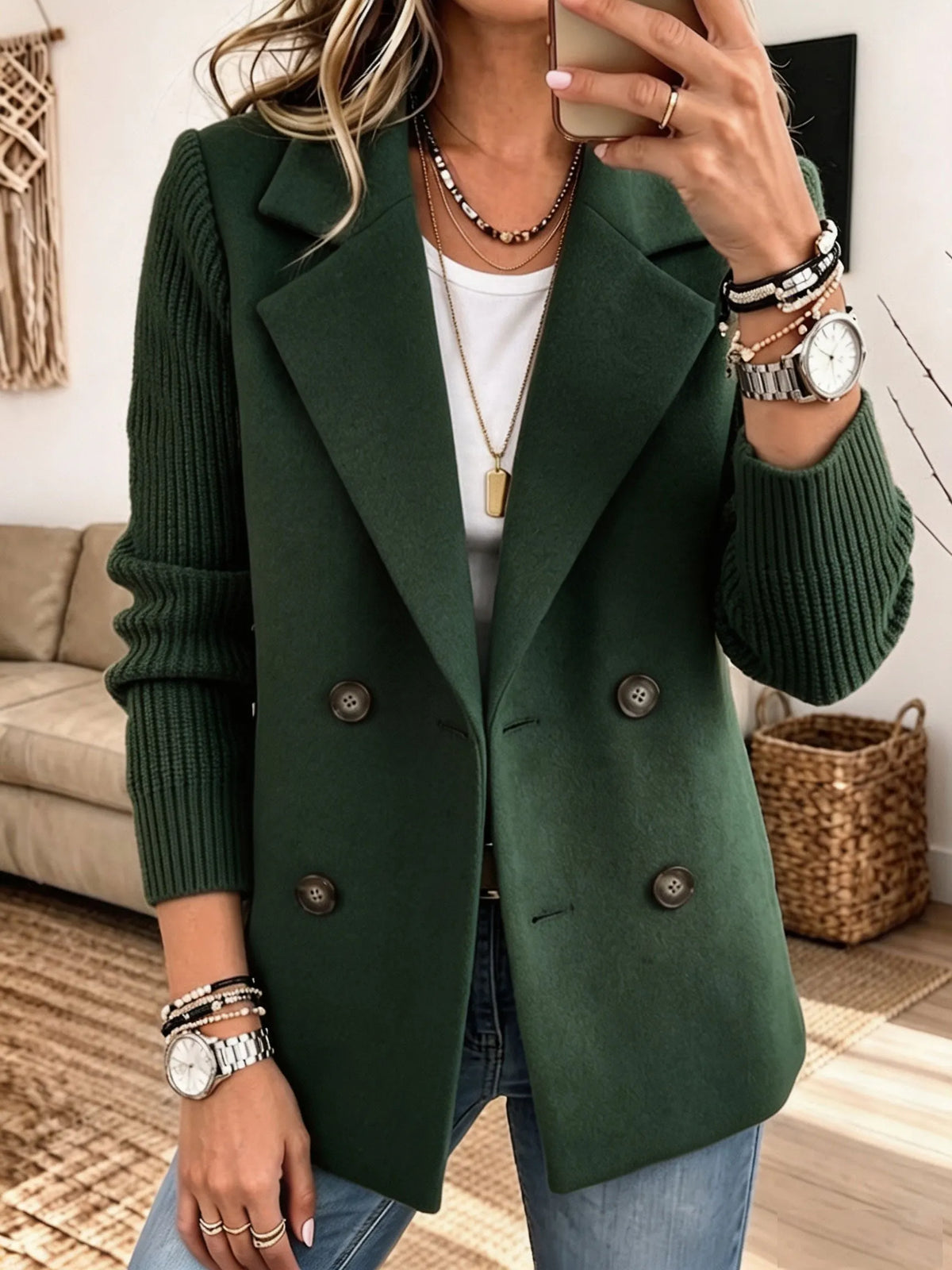 Giacca donna elegante con maniche in maglia a coste e bottoni