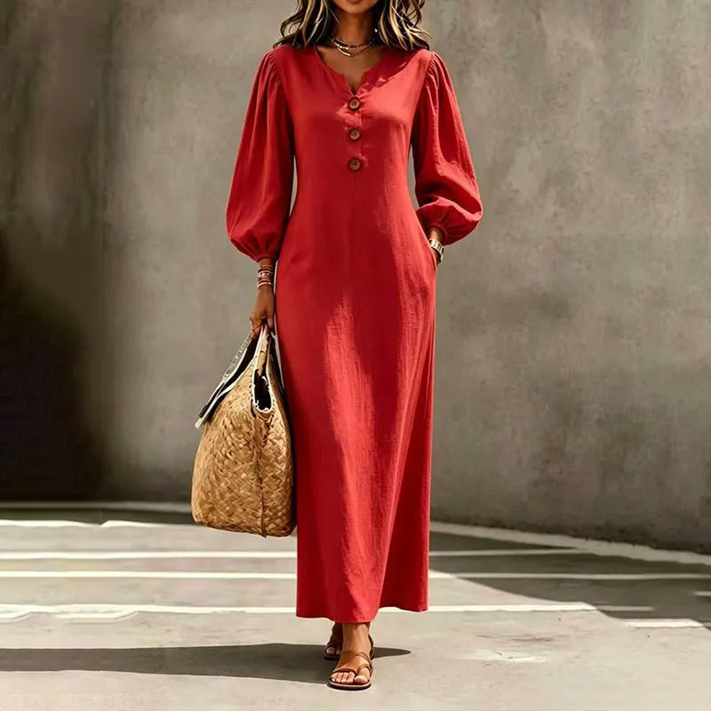 Abito maxi donna con scollo a V e maniche a sbuffo