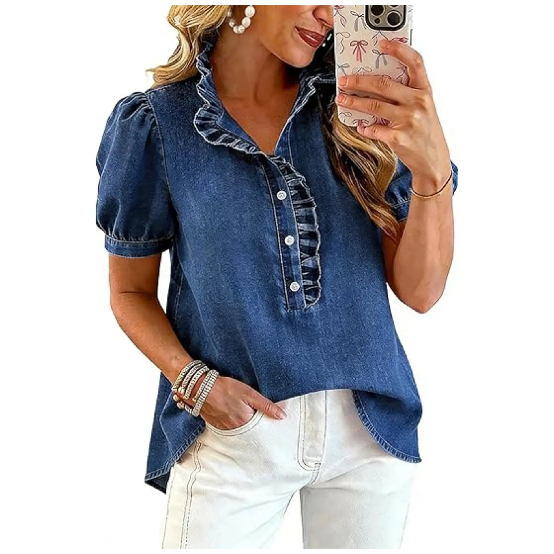 Top donna in denim con volant e maniche a sbuffo