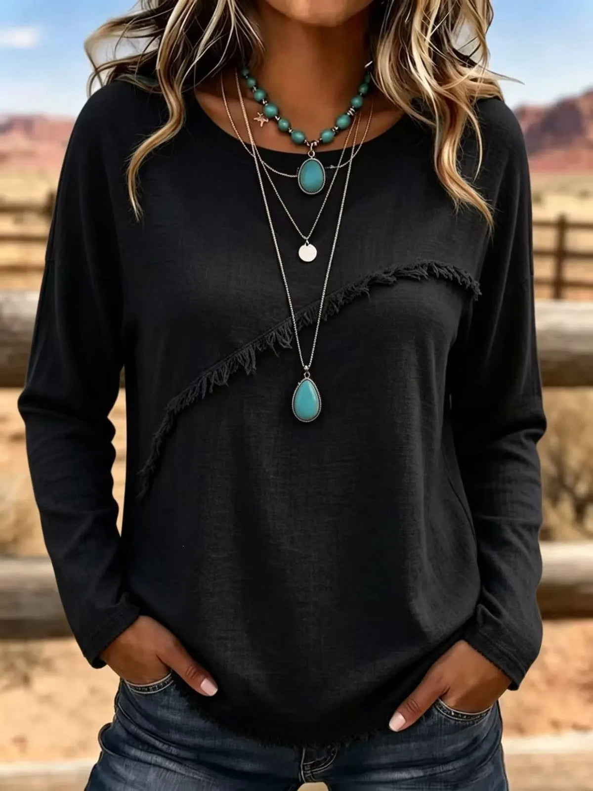 Blusa donna bohémien con frange e collo rotondo