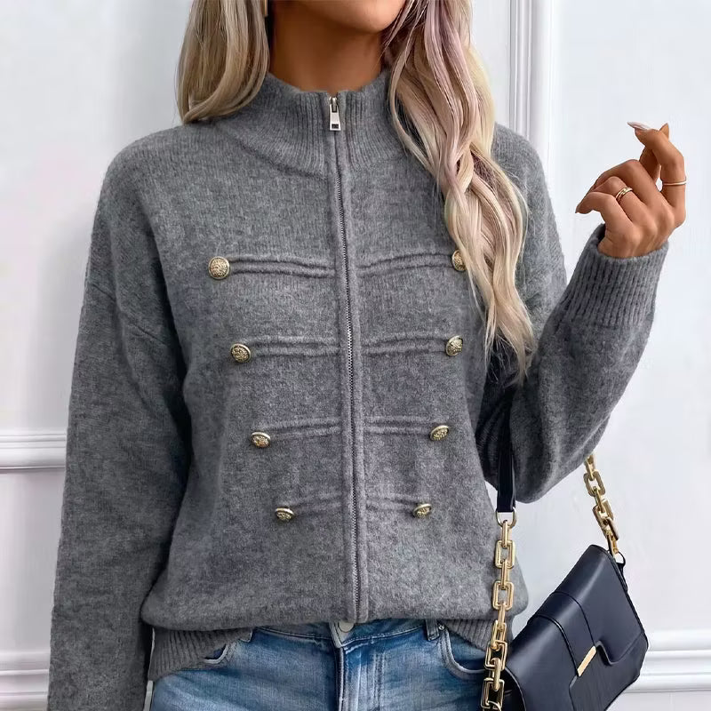 Cardigan donna in maglia con collo alto, zip e bottoni decorativi