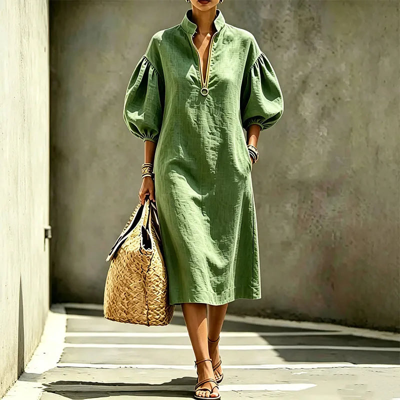 Abito midi donna A-line con maniche a sbuffo e zip