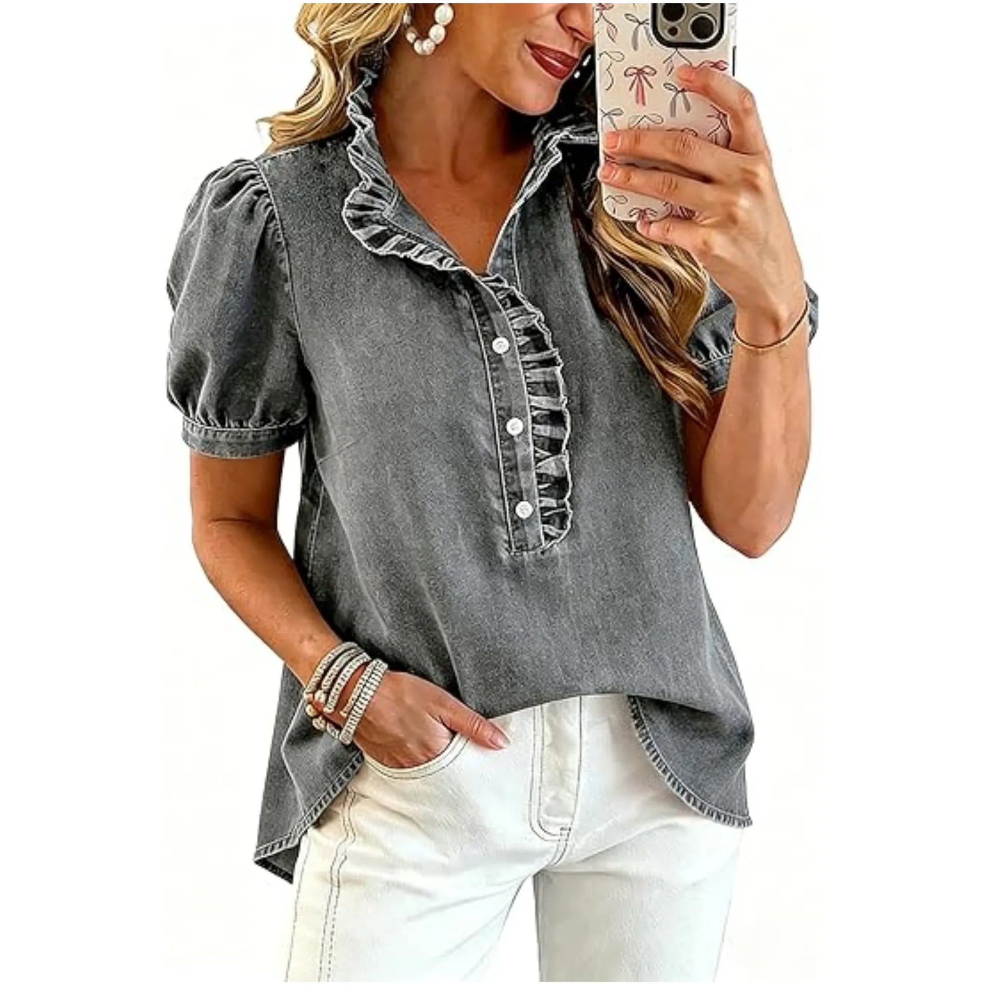 Top donna in denim con volant e maniche a sbuffo