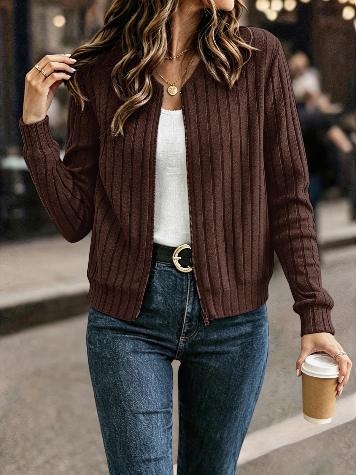 Cardigan donna a coste con zip frontale e maniche lunghe