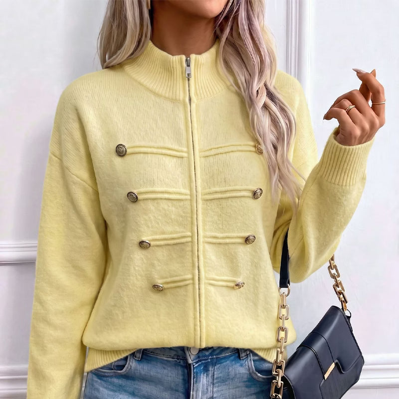Cardigan donna in maglia con collo alto, zip e bottoni decorativi