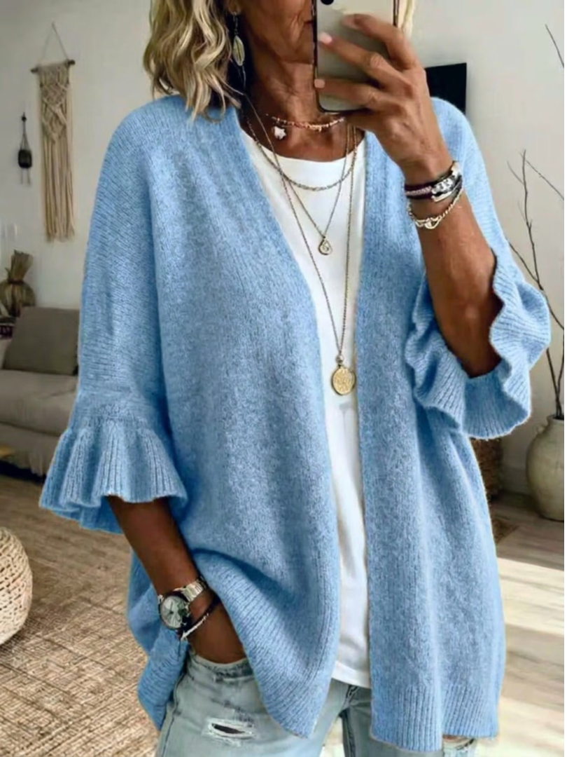Cardigan donna aperto in maglia con maniche a volant