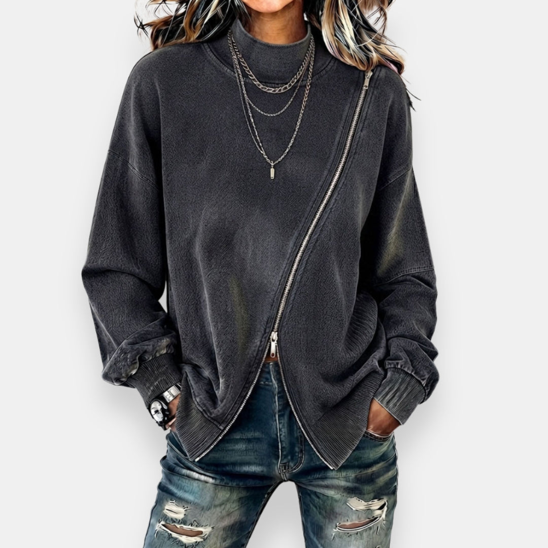 Felpa donna oversize con zip diagonale ed effetto vintage