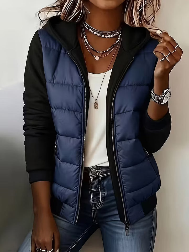 Giacca trapuntata donna bicolore con cappuccio e zip