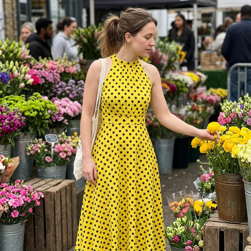 Abito maxi donna a pois con collo halter