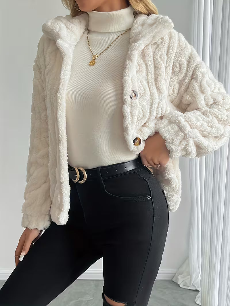 Giacca teddy donna con cappuccio e bottoni