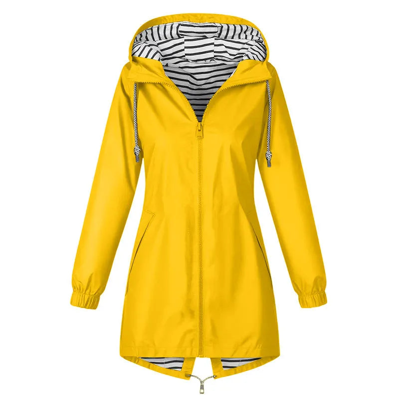 Impermeabile donna lungo con cappuccio e fodera a righe