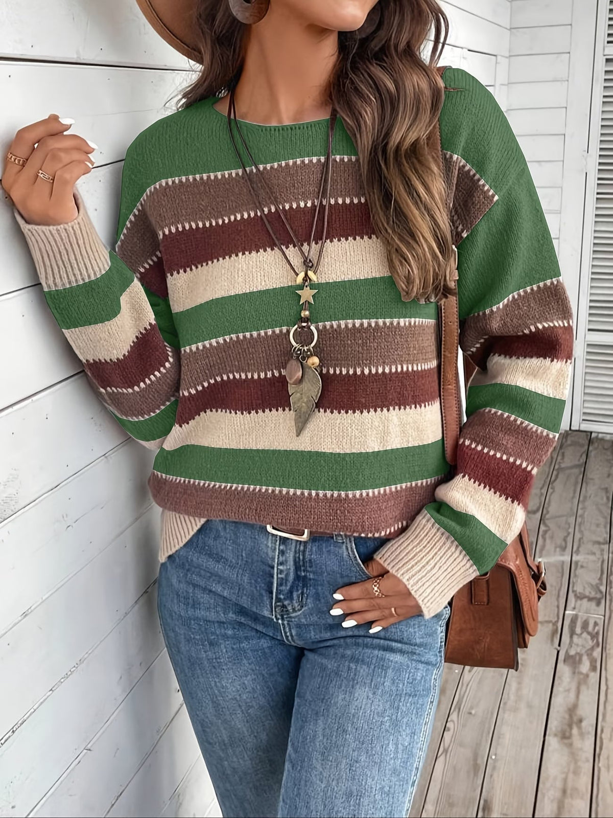 Maglione donna a righe colorblock con girocollo e maniche lunghe