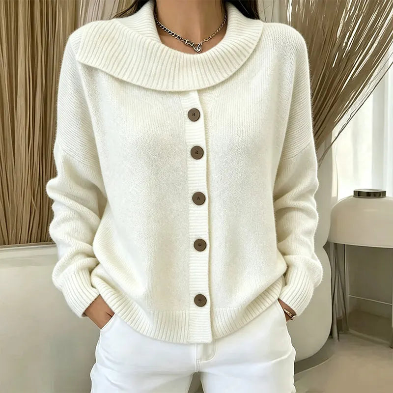 Cardigan donna in maglia con bottoni e colletto irregolare