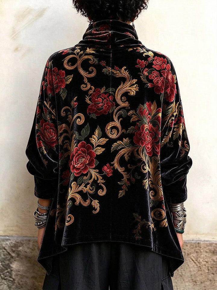 Top donna effetto velluto con stampa floreale e collo drappeggiato