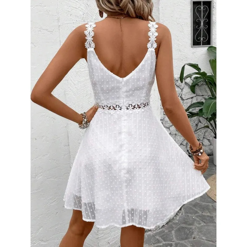 Abito mini donna plumetis con spalline in pizzo