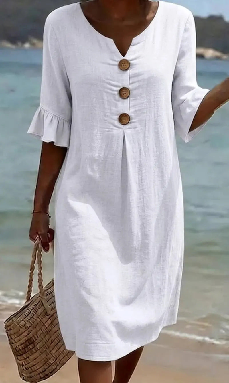 Abito estivo da donna in cotone lino con bottoni