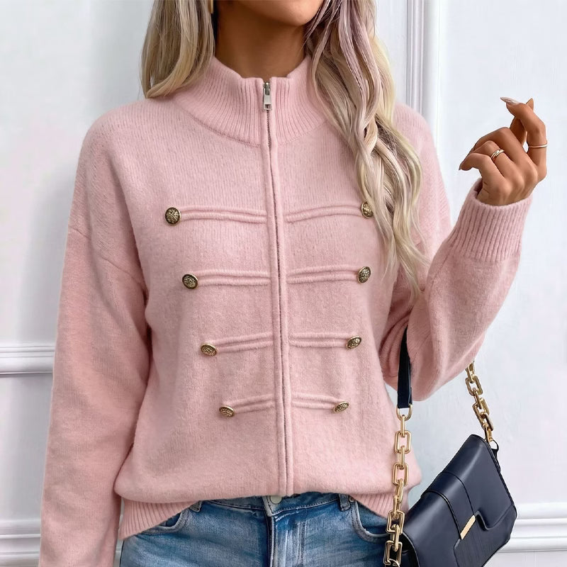 Cardigan donna in maglia con collo alto, zip e bottoni decorativi