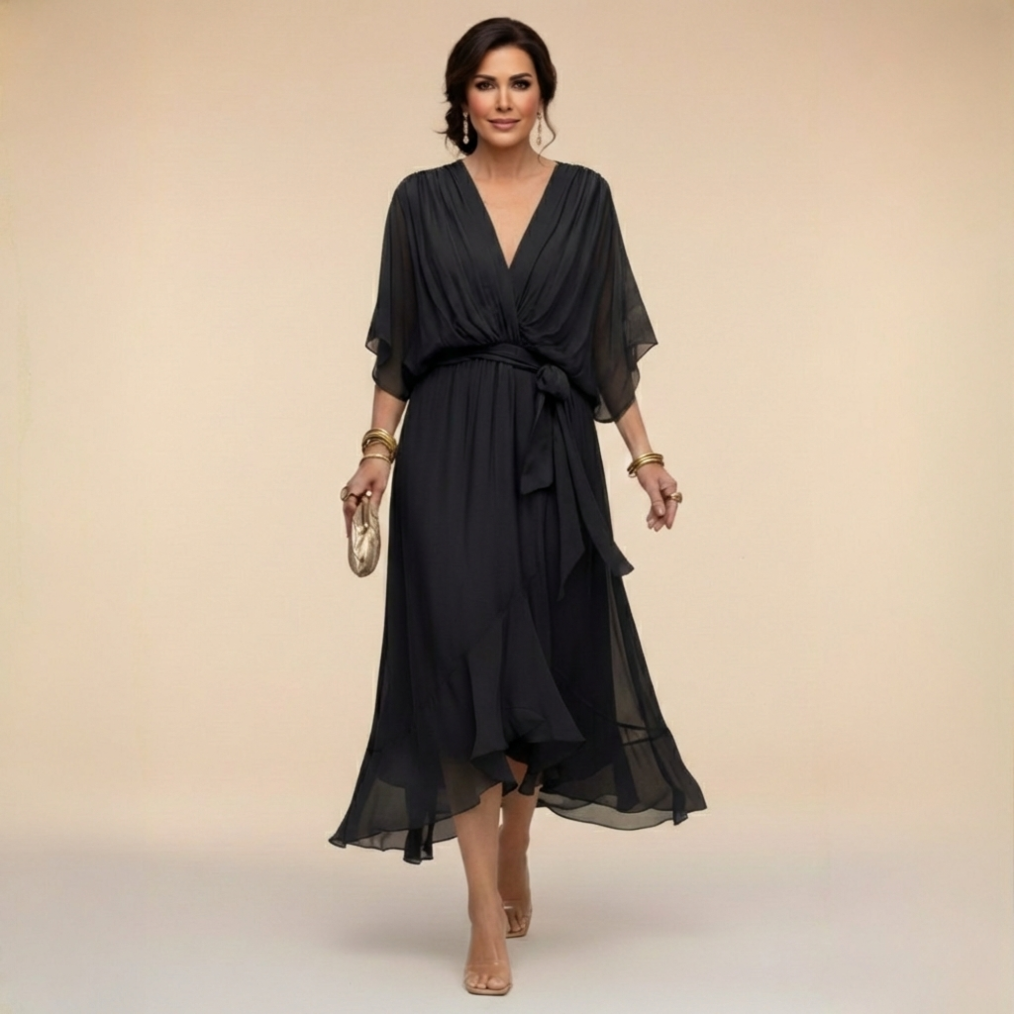 Abito midi da donna elegante in chiffon con scollo a V
