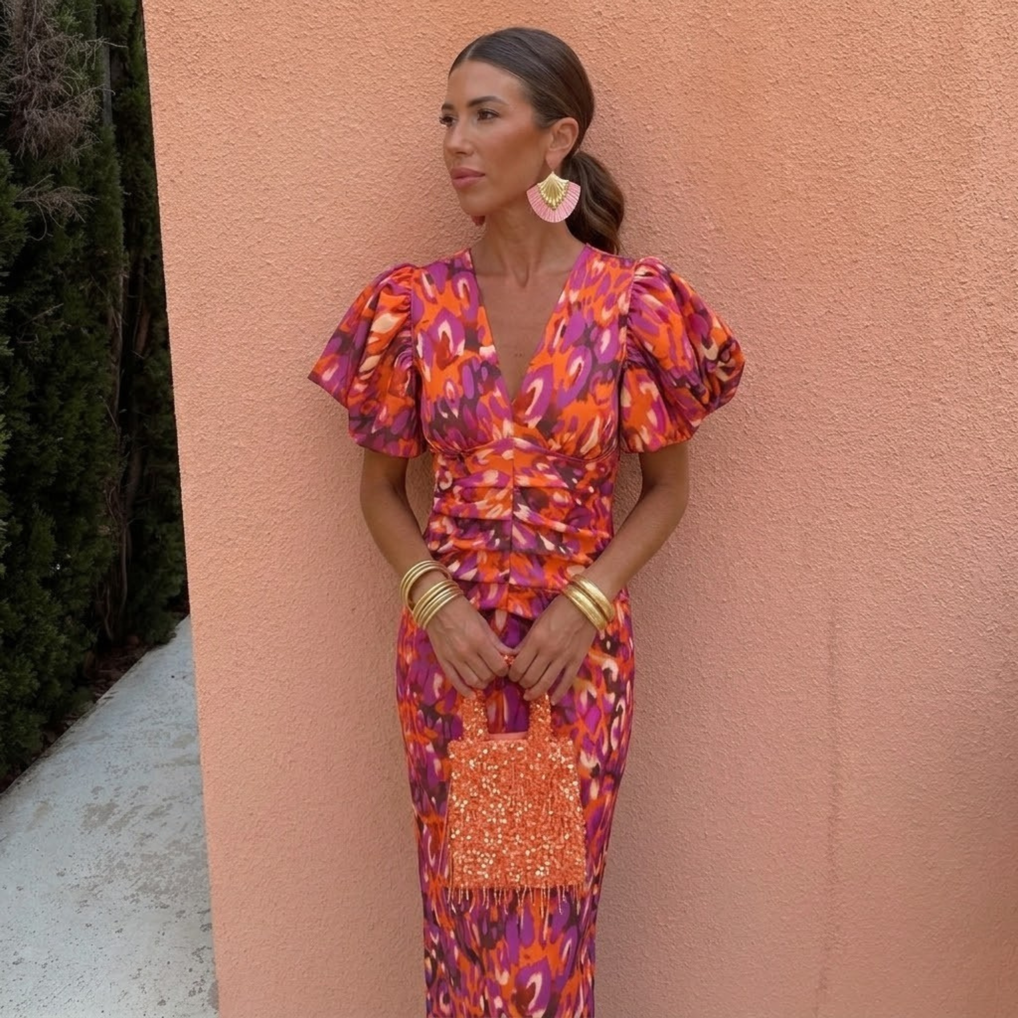 Vestito Donna Scollo a V con Maniche a Sbuffo – Abito Primavera Estate