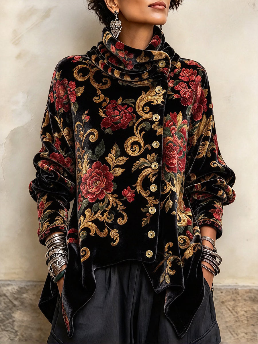 Top donna effetto velluto con stampa floreale e collo drappeggiato