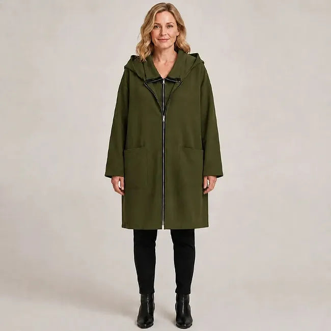 Giacca lunga donna con cappuccio, zip e tasche frontali