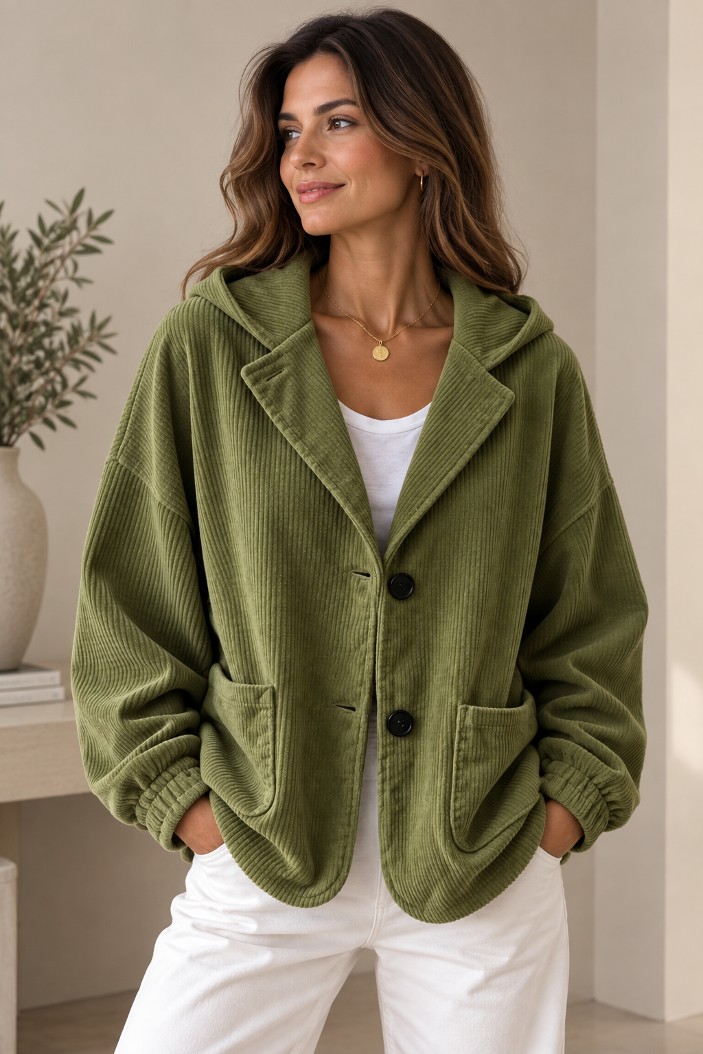 Giacca donna oversize in velluto a coste con cappuccio